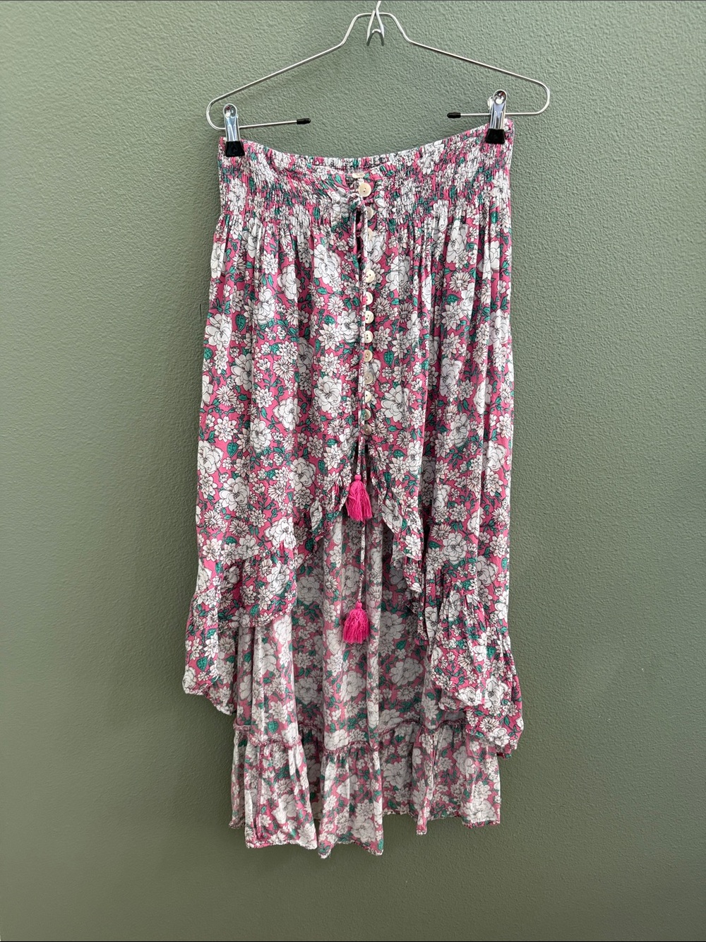 Tiare Hawaii Dakota Maxi Skirt OS Floral Hi-Low Pull-On Tassels Flowy